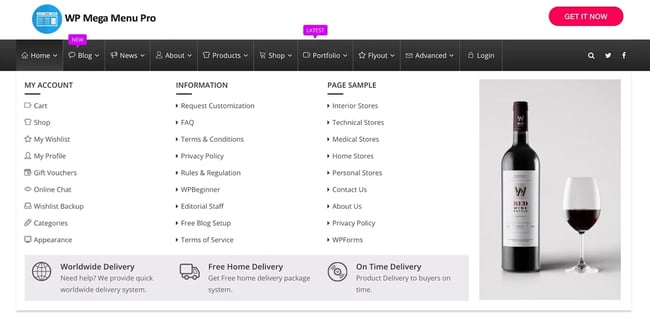 demo for the wordpress mega menu plugin WP mega menu pro