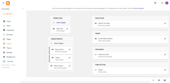 Drag and drop elements using Bloggers template editor in the back end