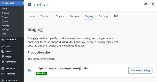 Staging website in WordPress CMS: Bluehost staging dashboard inside the WordPress admin panel