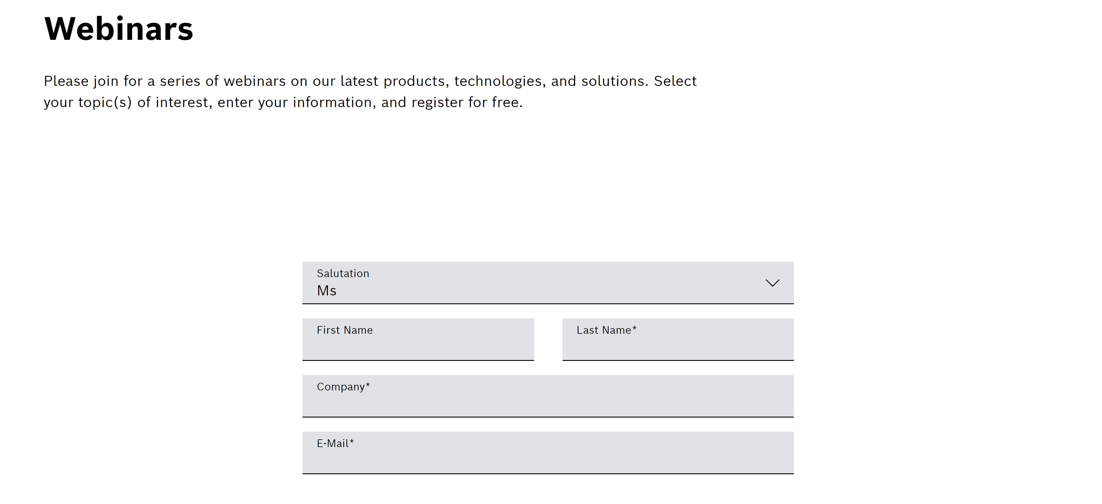 Webinar landing page example from Bosch