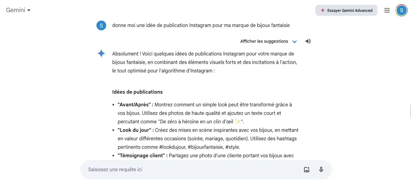 capture écran idée de publication sur les réseaux sociaux par gemini