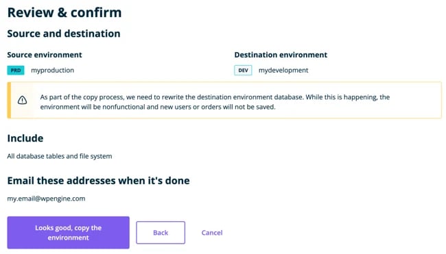 Staging website in WordPress CMS: WP Engine preview copy environment pop-up confirming the information