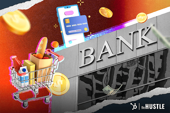 CBD Ecommerce: A shopping cart sits next to a bank.