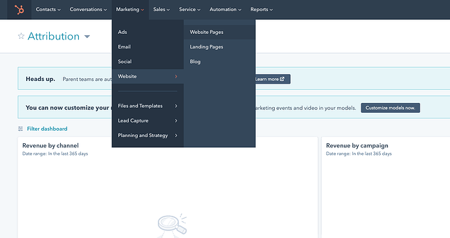 Staging website in HubSpot's CMS Hub: CMS Hub navigation menu leading toward the Website Pages option