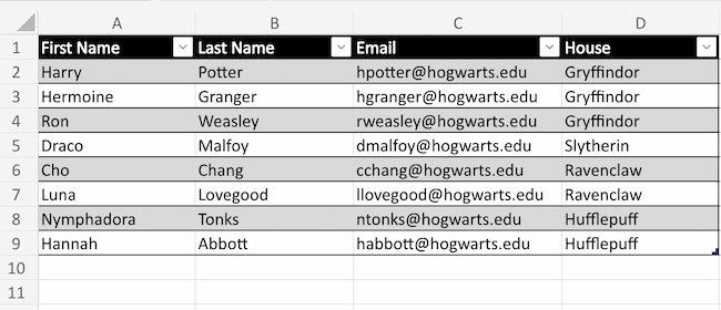 create tables with data in excel