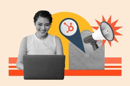 email marketing campaign hubspot: person smiles at their computer with an envelope with a hubspot sprocket and microphone next to them 