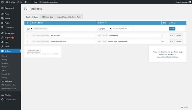 301 Redirects WordPress plugin on redirect rules dashboard