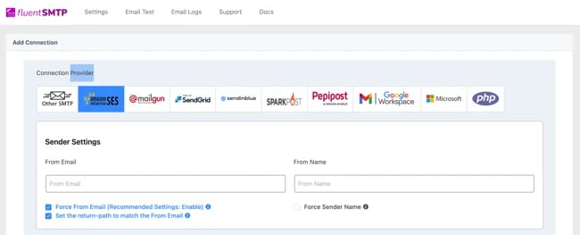 FluentSMTP interface for setting up a connection