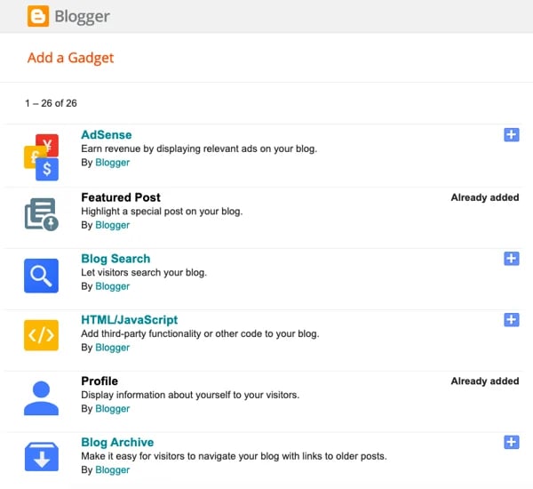 Display of gadgets available in Blogger