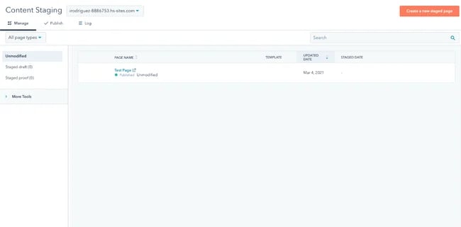 Staging website in HubSpot's CMS Hub: Content Staging dashboard in CMS Hub