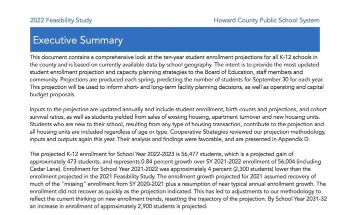 Feasibility study example, Howard County Public School System 2022