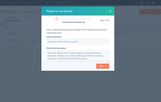 Staging website in HubSpot's CMS Hub: Publish to live domain pop-up box