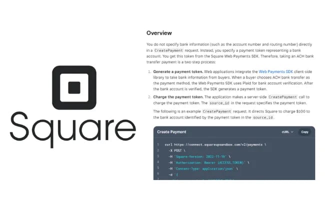 Square logo and ACH API instructions