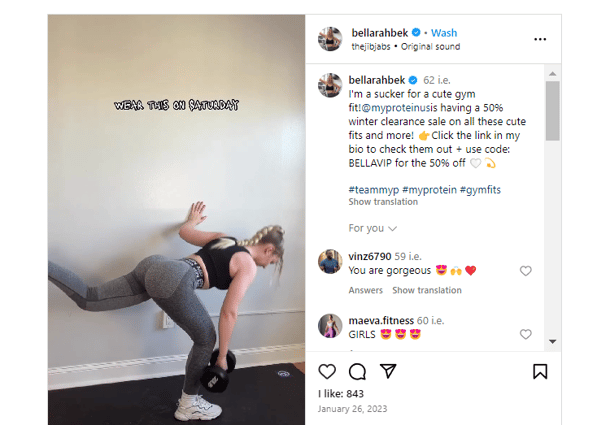 An influencer promotes My Protein on Instagram