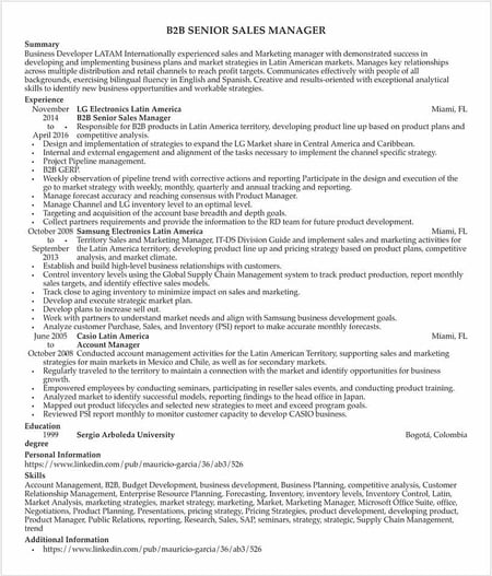 B2B sales manager resume example