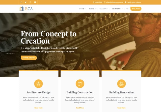 Building Construction Architecture demo for WordPress shows construction theme company homepage