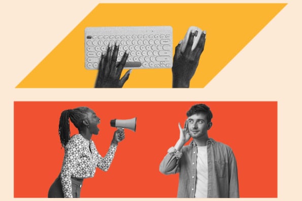 construction theme graphic shows two people talking one with megaphone and one listening. also shows hands typing on computer keyboard 