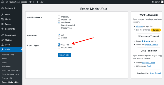 CSV file selected as Export Type on Export Media URLs plugins setting page