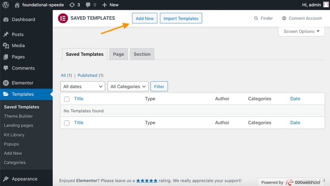 How to Create a Maintenance Mode Site With Elementor step 1: Click Templates and Add New