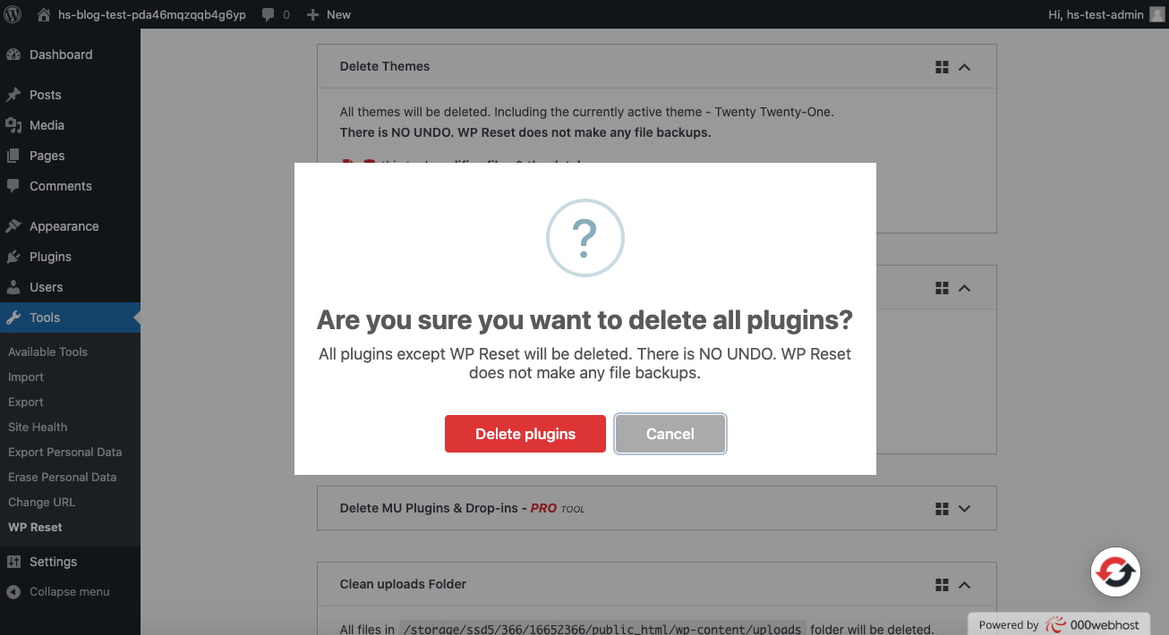 Click delete plugins to confirm resetting WordPress