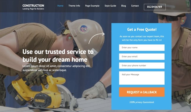 Construction Landing Page demo includes image banner with contact form for a construction theme