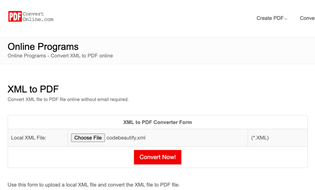 Página principal de la herramienta de conversión de XML a PDF Convert XML to PDF online.