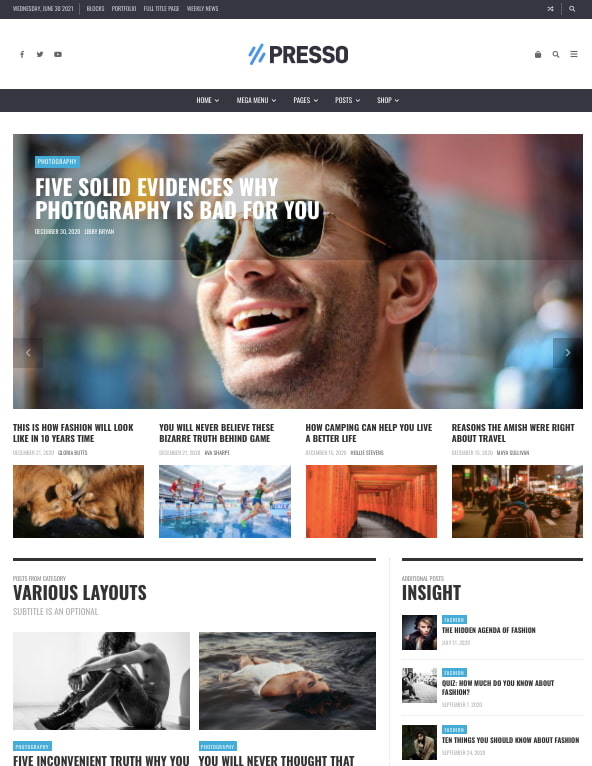 Default demo of best content sharing WordPress theme PRESSO features hero image and blog sidebar