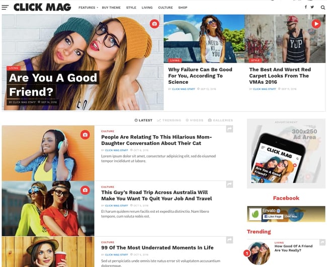 Demo of best content sharing WordPress theme Click Mag features blog list and ad widgets