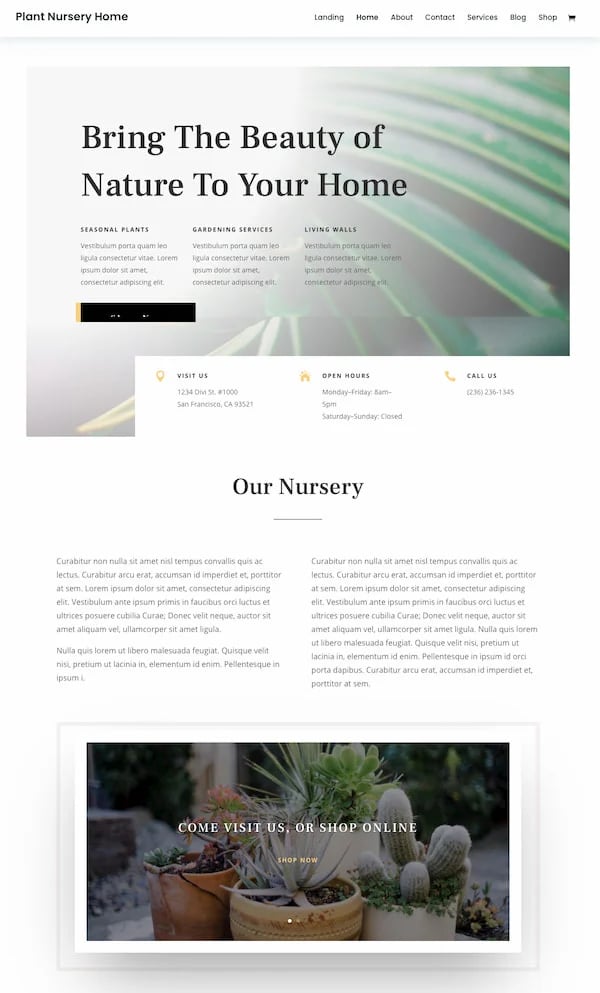Divi themes Plant Nursery homepage demo