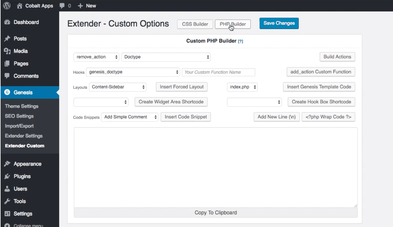 User clicking the custom PHP builder on the genesis extender plugin settings page