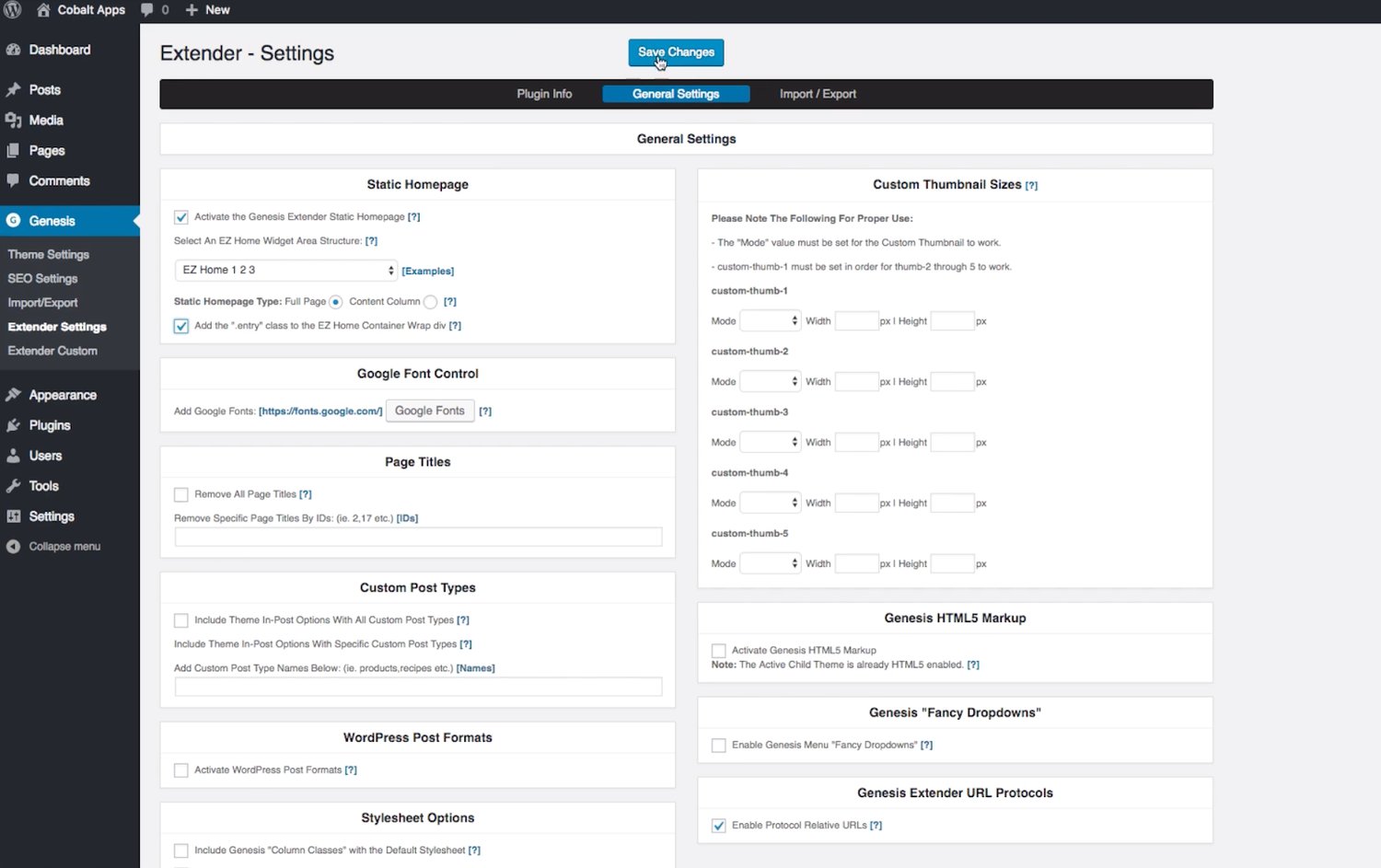 User clicking Save Changes button after configuring settings of genesis extender plugin in WordPress dashboard