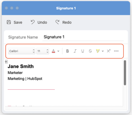 Modifier la signature à l'aide de la barre d'outils de la fenêtre contextuelle Signatures