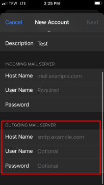 Input your outgoing server settings.