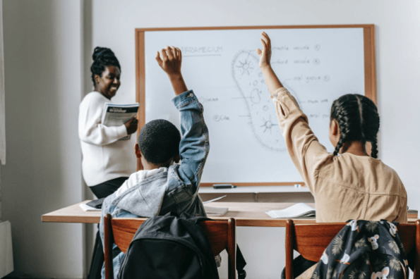 Elèves en classe levant la main pour obtenir une réponse à leurs questions