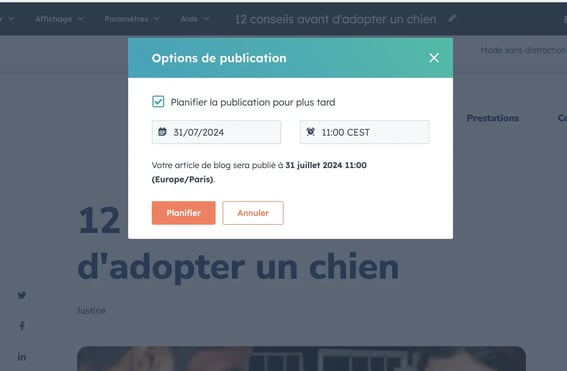 Planification d'un article de blog dans HubSpot