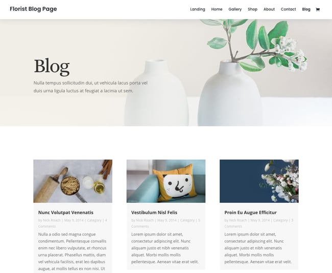 Floral blog layout of Divi theme that could be used to set up an affiliate blog in the florist business niche 
