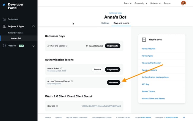 how to make a twitter bot step 4: Generating access token and secret access token for Twitter Bot in apps dashboard-1