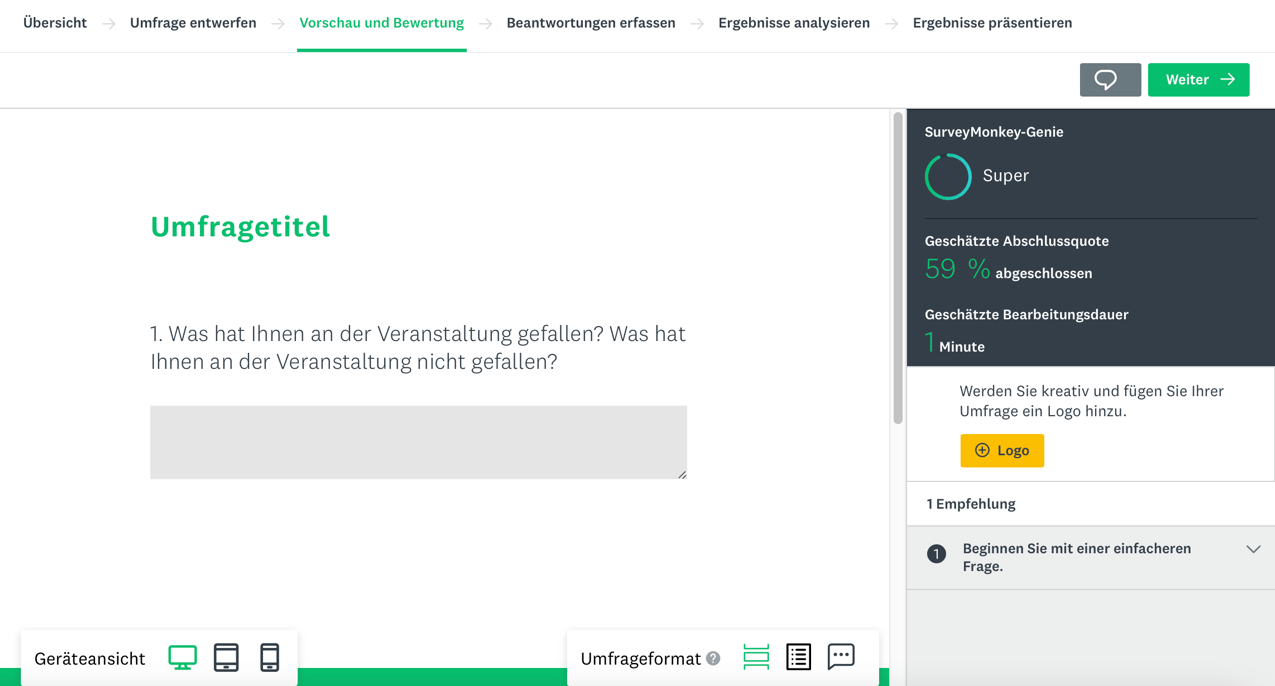 vorschau der umfrage in surveymonkey
