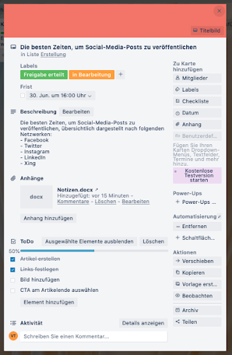 Trello Redaktionsplan - Karte im Überblick