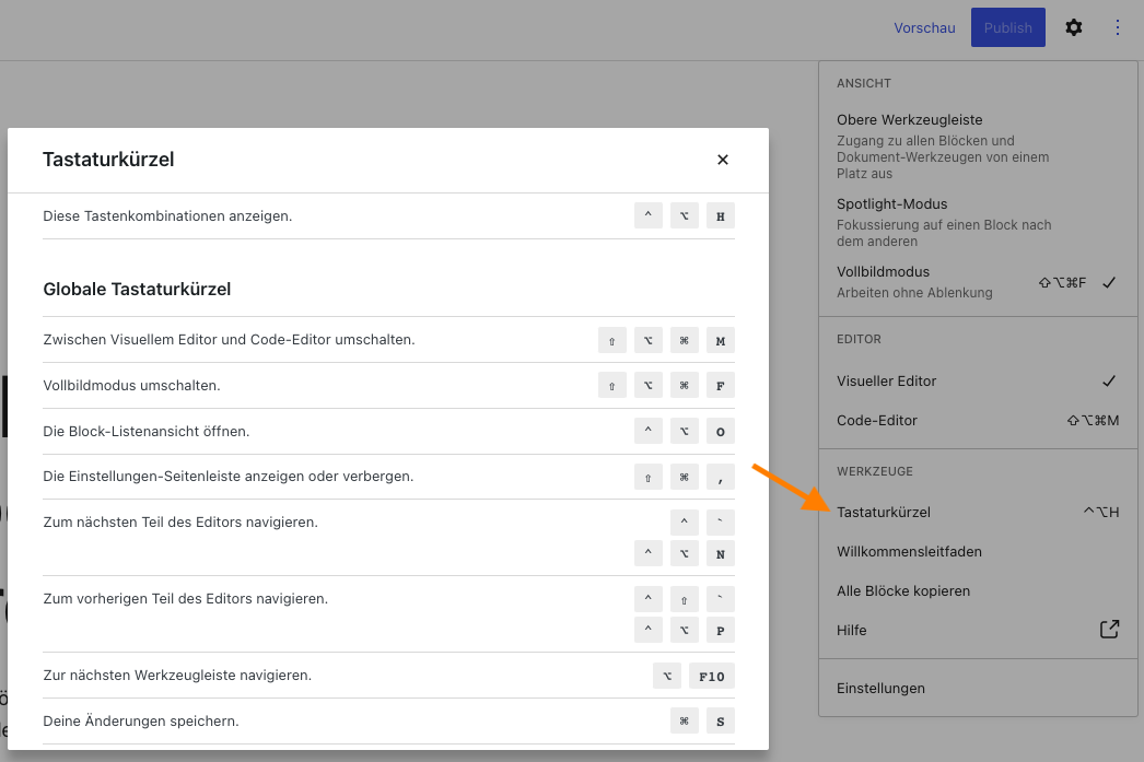 WordPress-Gutenberg-Editor Tastenkürzel
