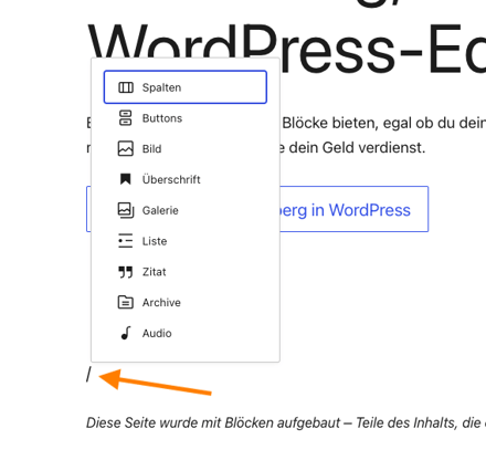 WordPress-Gutenberg-Editor Schrägstrich-Befehl
