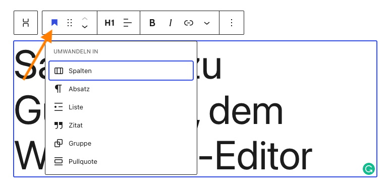 WordPress-Gutenberg-Editor Block umwandeln