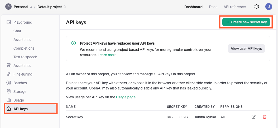 Screenshot ChatGPT API-Key