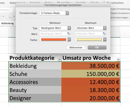 Excel bedingte Formatierung Farbskala einfügen