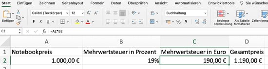 Screenshot aus Excel zur Prozentrechnung