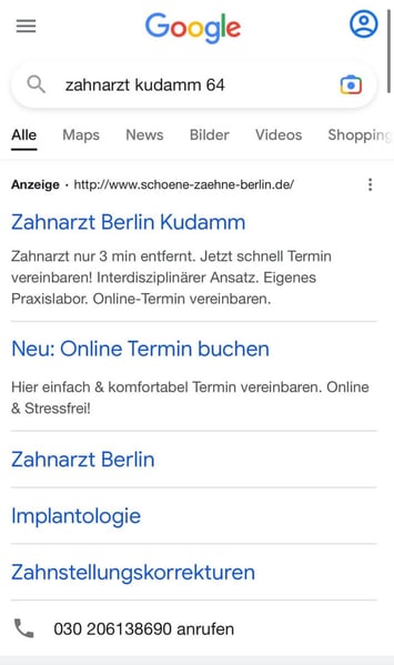 Screenshot Google-Ads-Erweiterungen Anruf