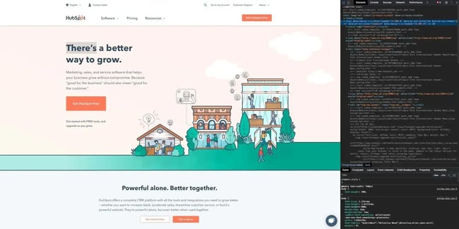 Die HubSpot-Startseite mit geöffnetem Tool „Element untersuchen“ in Chrome