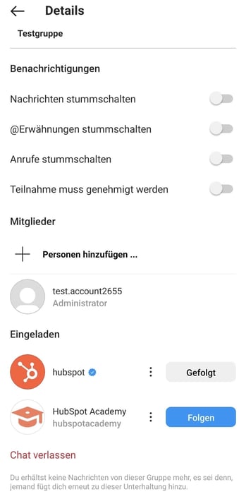 Screenshot Optionen bei Instagram-Gruppe ändern