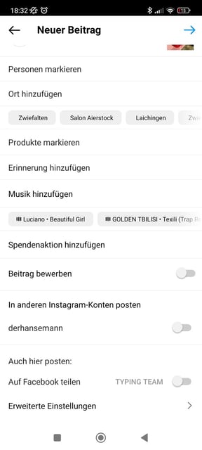 Screenshot von den Einstellungen bei Instagram, wenn man einen Post planen möchte.