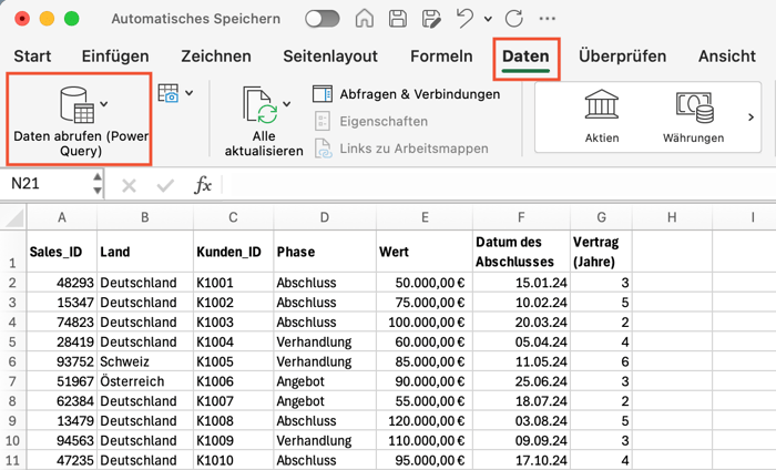 Power Query öffnen in Excel